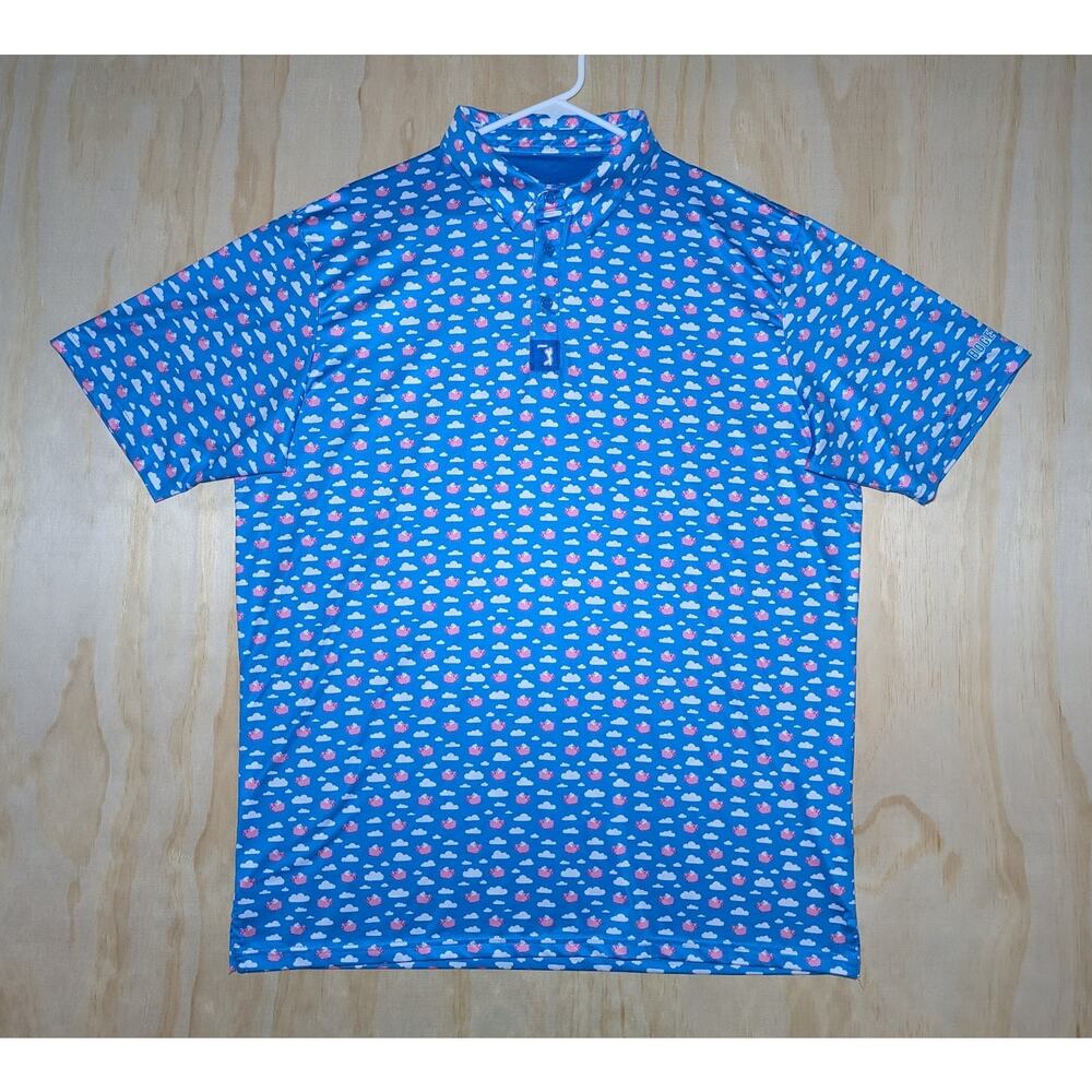 Bogey Bros Men's XL Polo Shirt Blue Flying Pigs Clouds Golf Performance Stretch